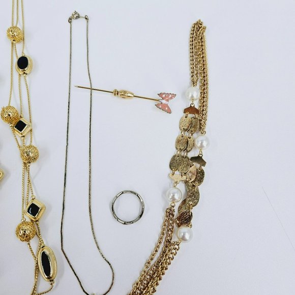 Assorted Bundle of Costume Jewelry Necklaces Rings Stick Pen Gold Metal Art Deco - Picture 10 of 15